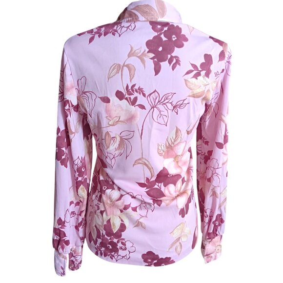 Medium True Vintage Disco Top Blouse 1970's Pink Flowers Floral Print Stretch - Picture 4 of 6